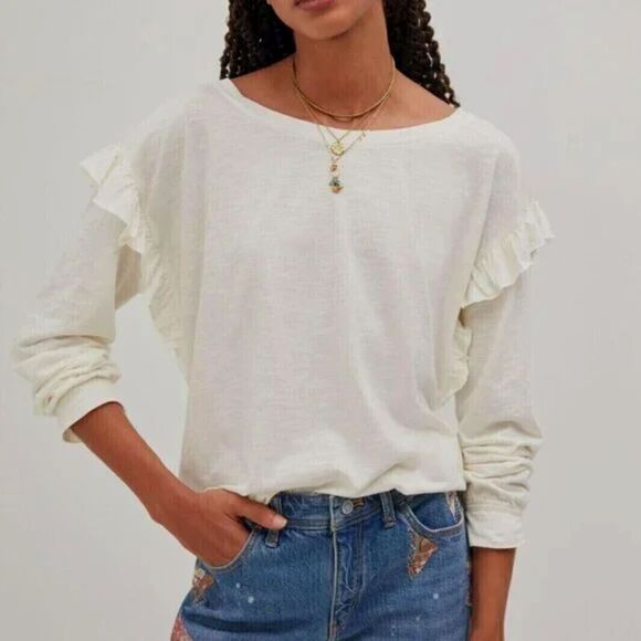 Pilcro Tops - Anthropologie Pilcro Cream Ruffle Shoulder Blouse Boho Cottagecore Top Size M